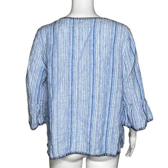 Artisan NY Shirt Womens Large Blue White Stripe Linen Bell Sleeve Boho Peasant - Picture 3 of 7